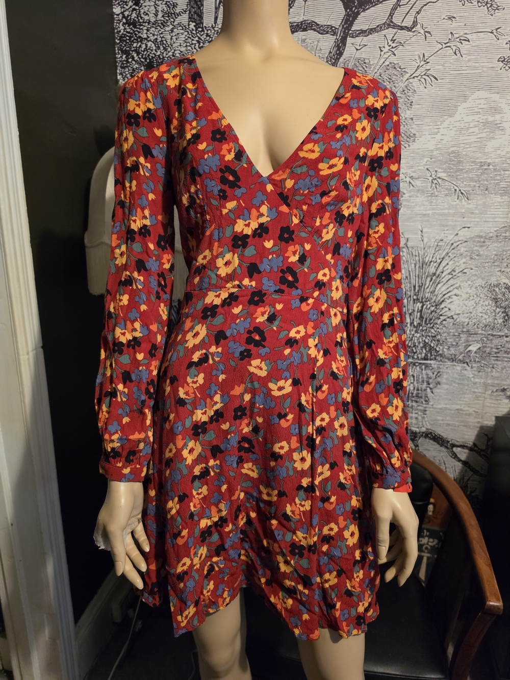 & Other Stories Red Floral Long Sleeve Wrap Mini Dress